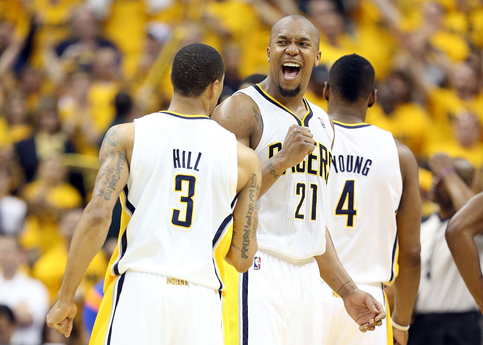 David West y George Hill celebran el triunfo de los Indiana Pacers.