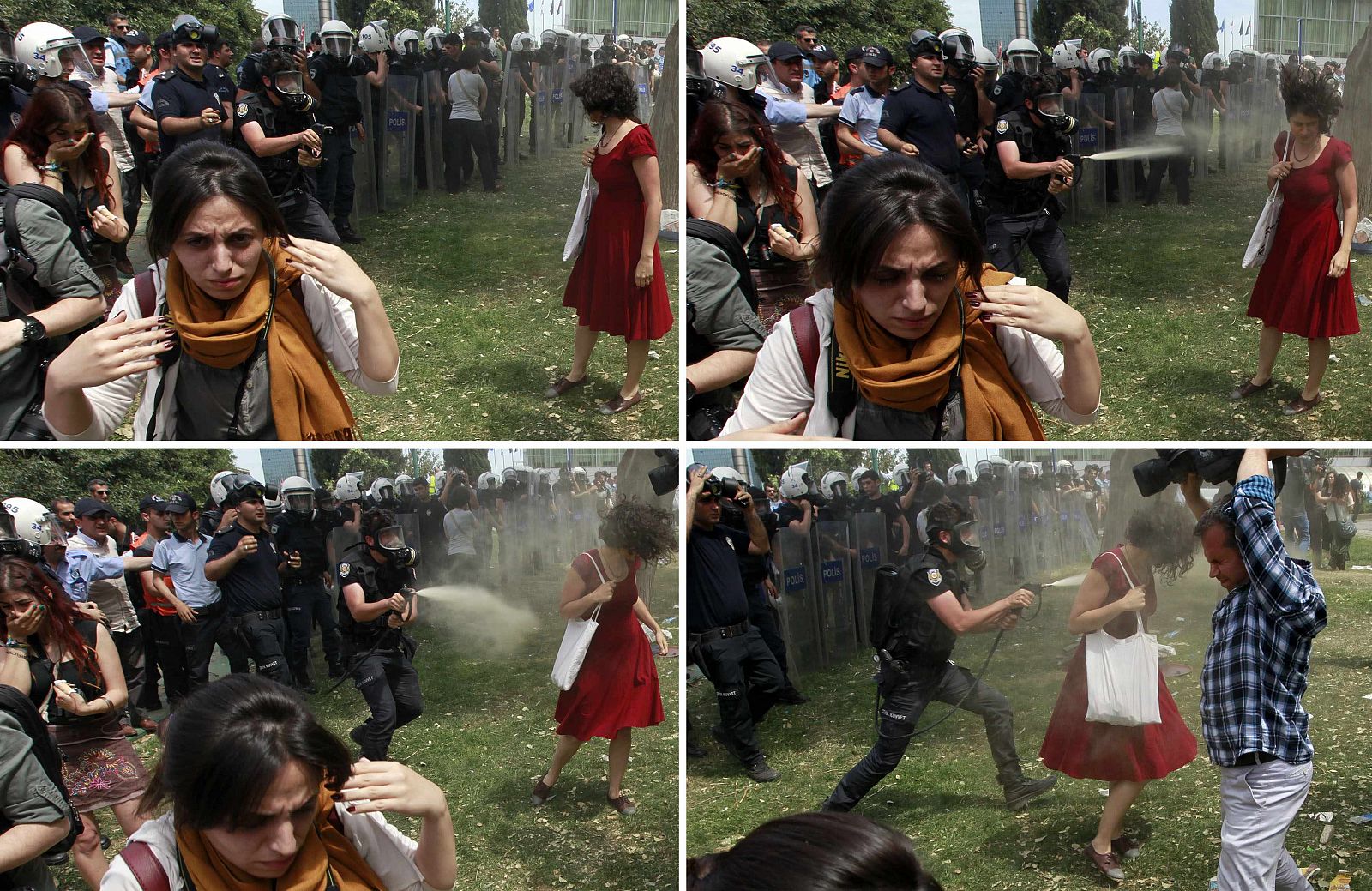 Un policía antidisturbios usa gas contra una mujer en la plaza Taksim, en Estambul, el 28 de mayo