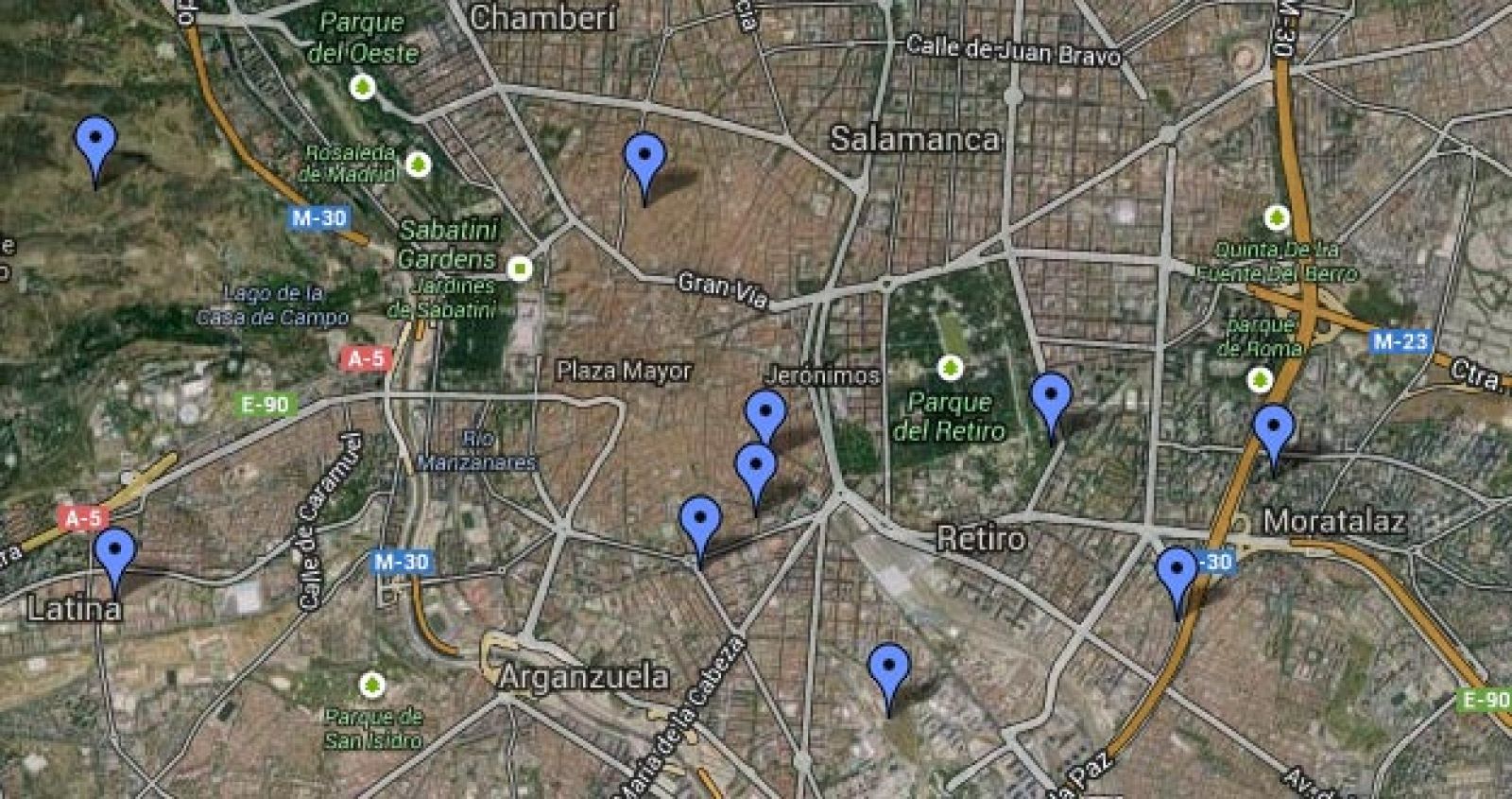 Mapa con los huertos urbanos en el centro de Madrid.