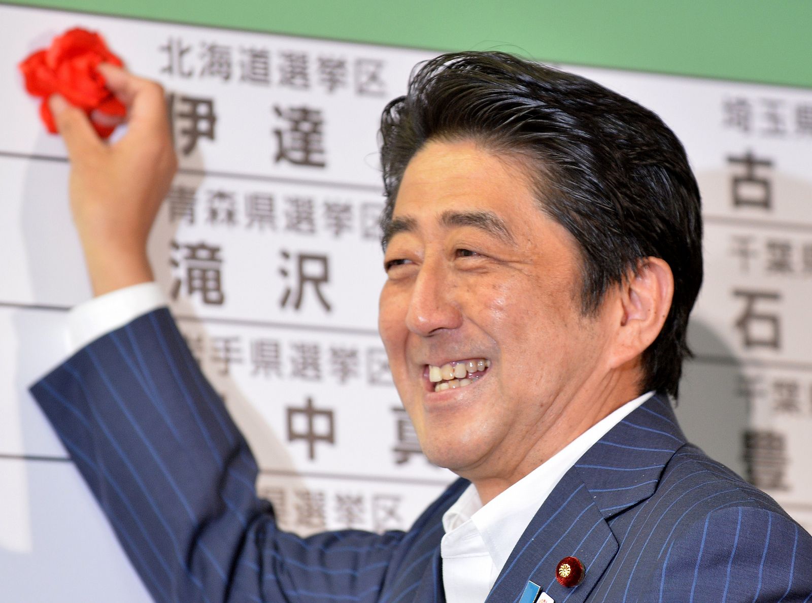 El primer ministro y el presidente del Partido Liberal Democrático (PLD) de Japón, Shinzo Abe, sonríe mientras coloca un papel rojo en el nombre de un candidato del PLD para indicar una victoria electoral en la sede del partido en Tokio.