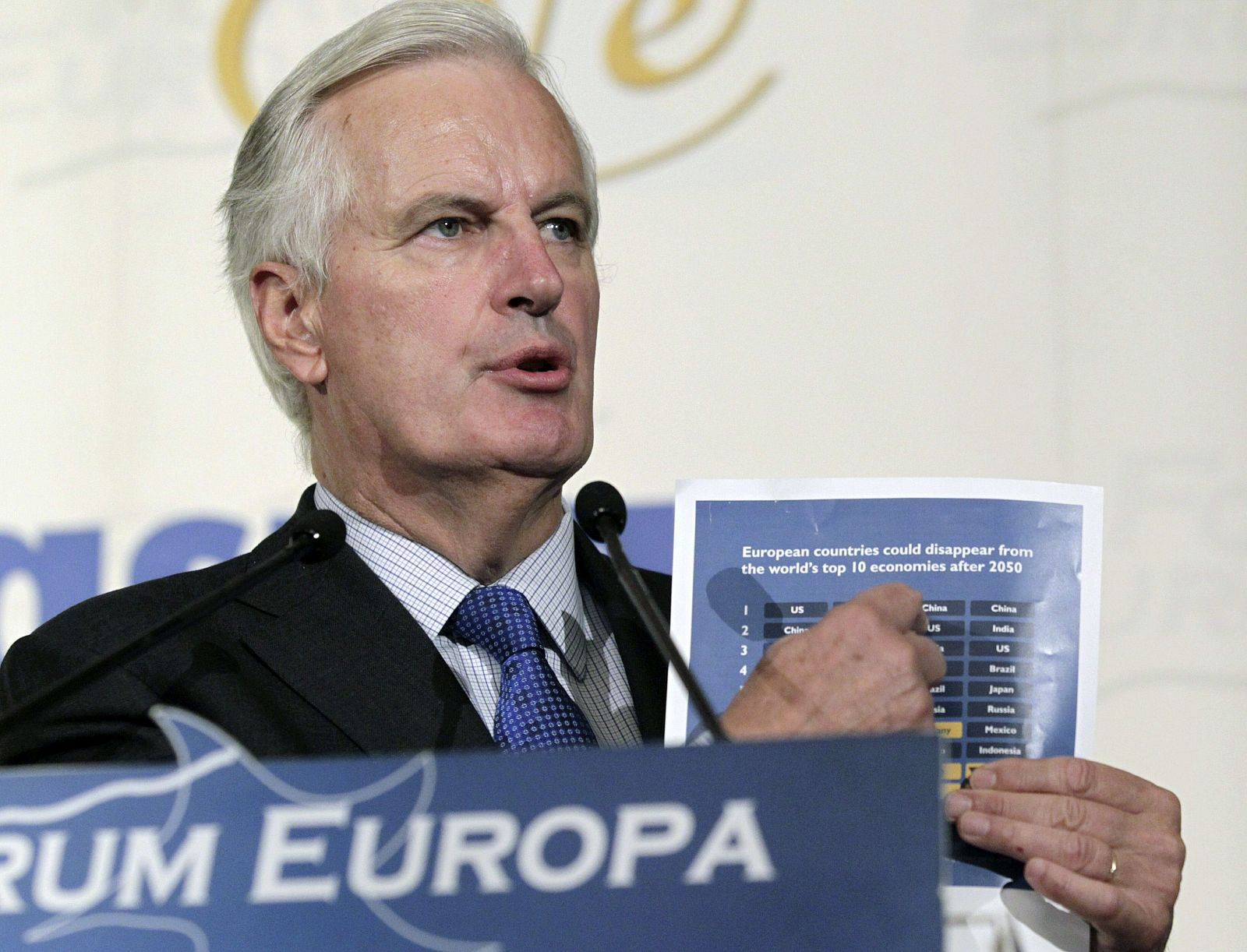 El comisario europeo de Mercado Interior y Servicios, Michel Barnier, durante su participación como invitado del Fórum Europa, en el Hotel Ritz de Madrid