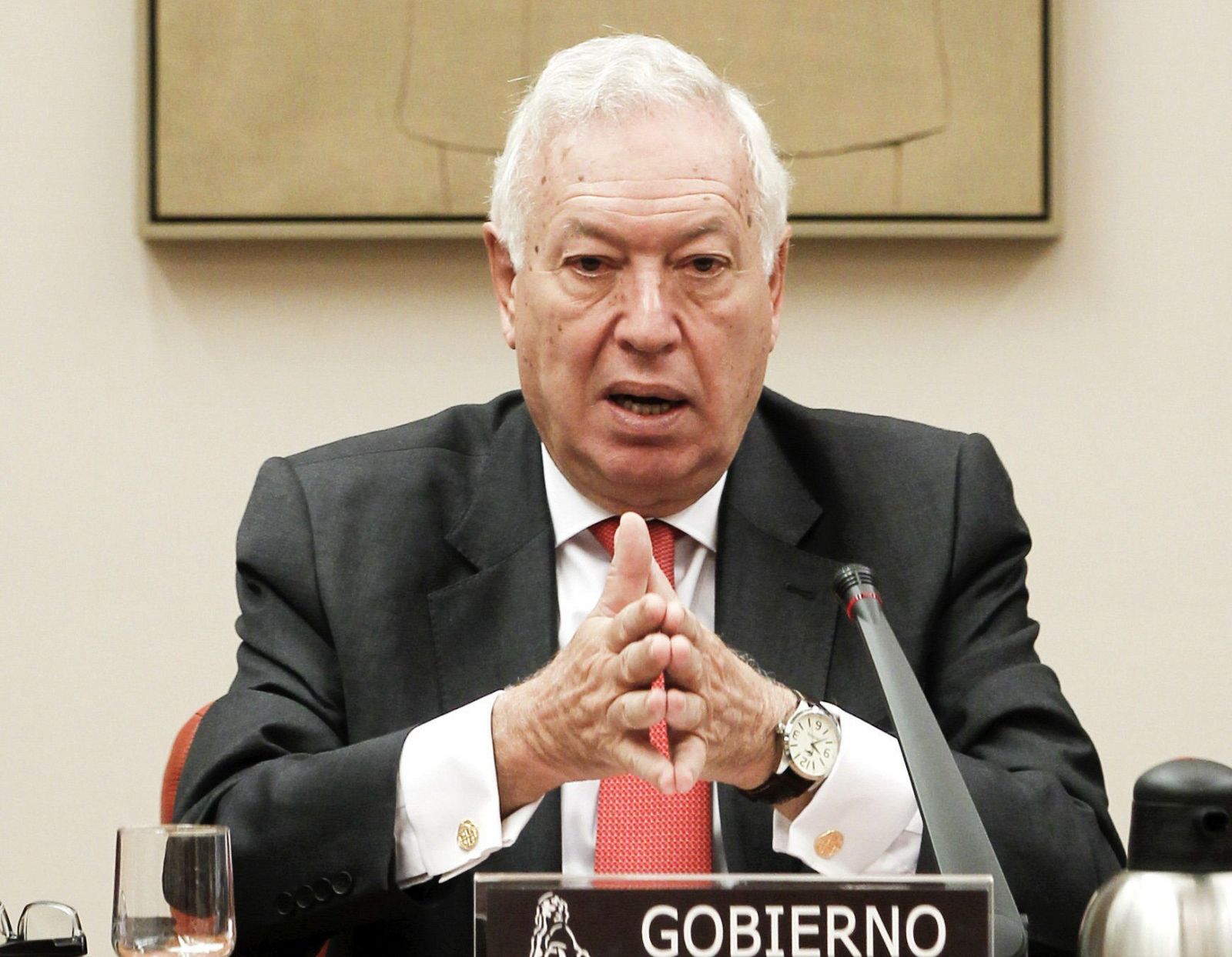 El ministro de Asuntos Exteriores, José Manuel García Margallo, durante su comparecencia a petición propia en la Comisión de Exteriores del Congreso