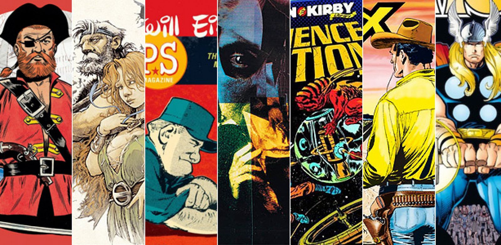 Fragmentos de las portadas de 'Barbarroja', 'La búsqueda del pájaro del tiempo', 'PS Magazine', 'Sandman', 'La biblioteca de Simon & Kirby: Science Fiction' ,'Tex: La última diligencia' y 'Thor de Walt Simonson'