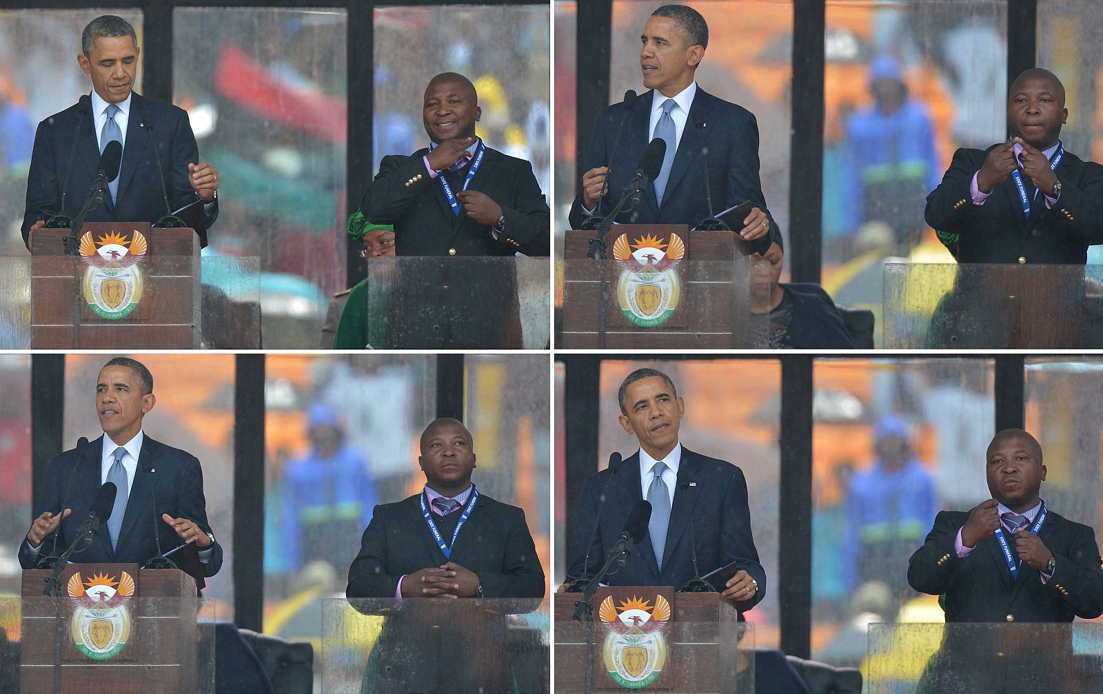El presidente de EE.UU., Barack Obama, habla mientras el intérprete de signos le traduce en el memorial de Nelson Mandela