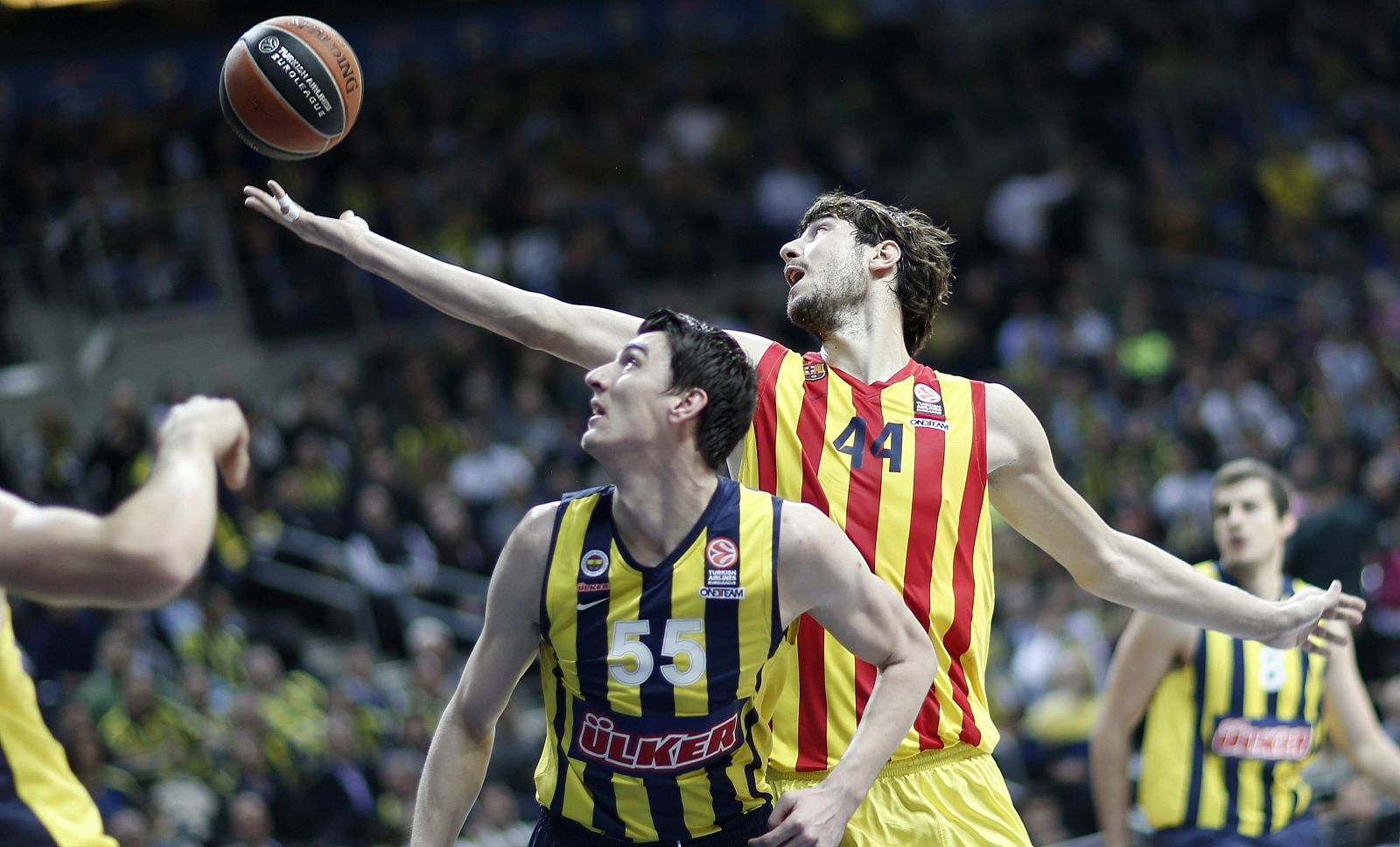 Ante Tomic (d) lcuha por el balón con Emir Preldzic (i) del Fenerbahce Ulker durante el partido.