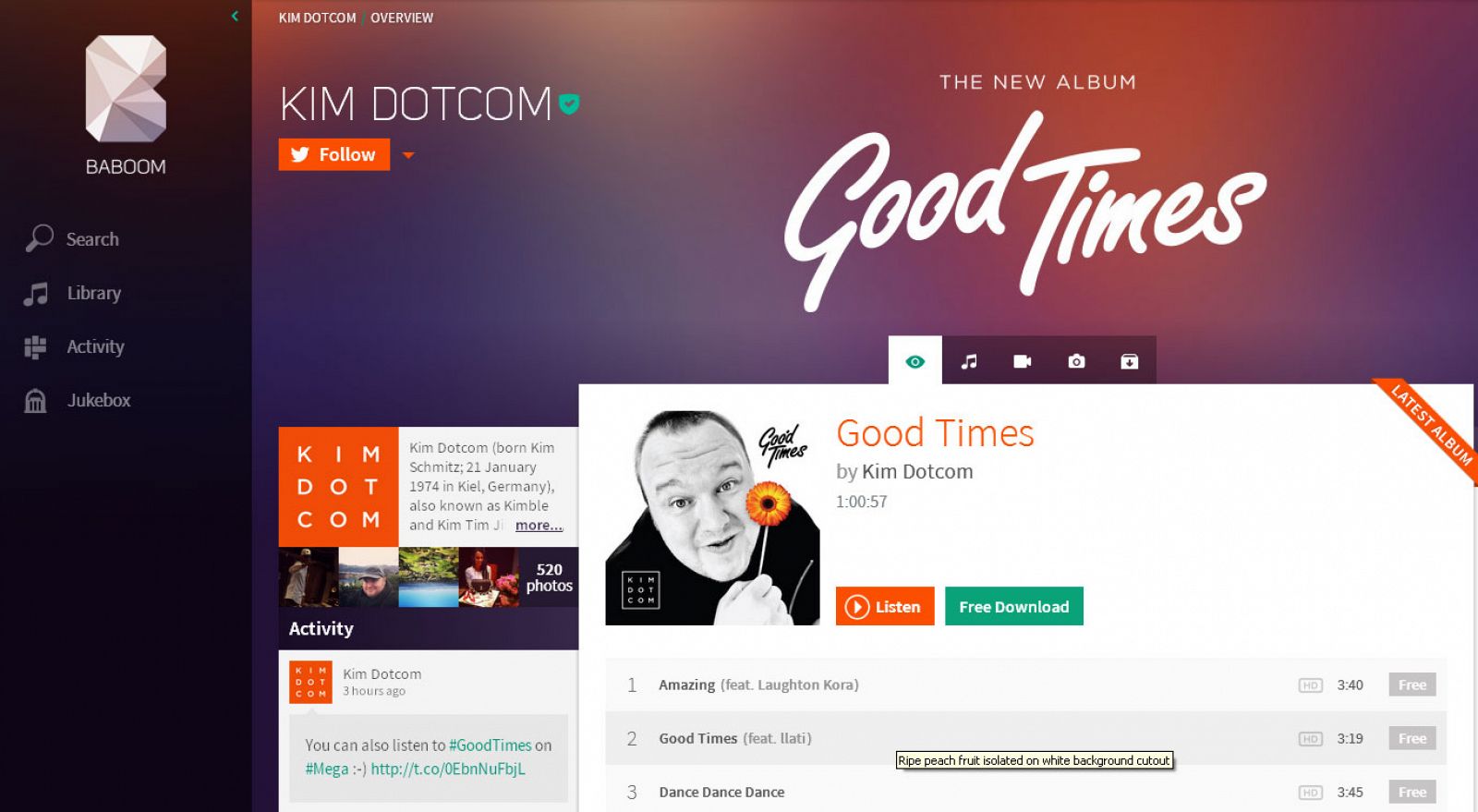 Aspecto de la página de Kim Dotcom en Baboom.