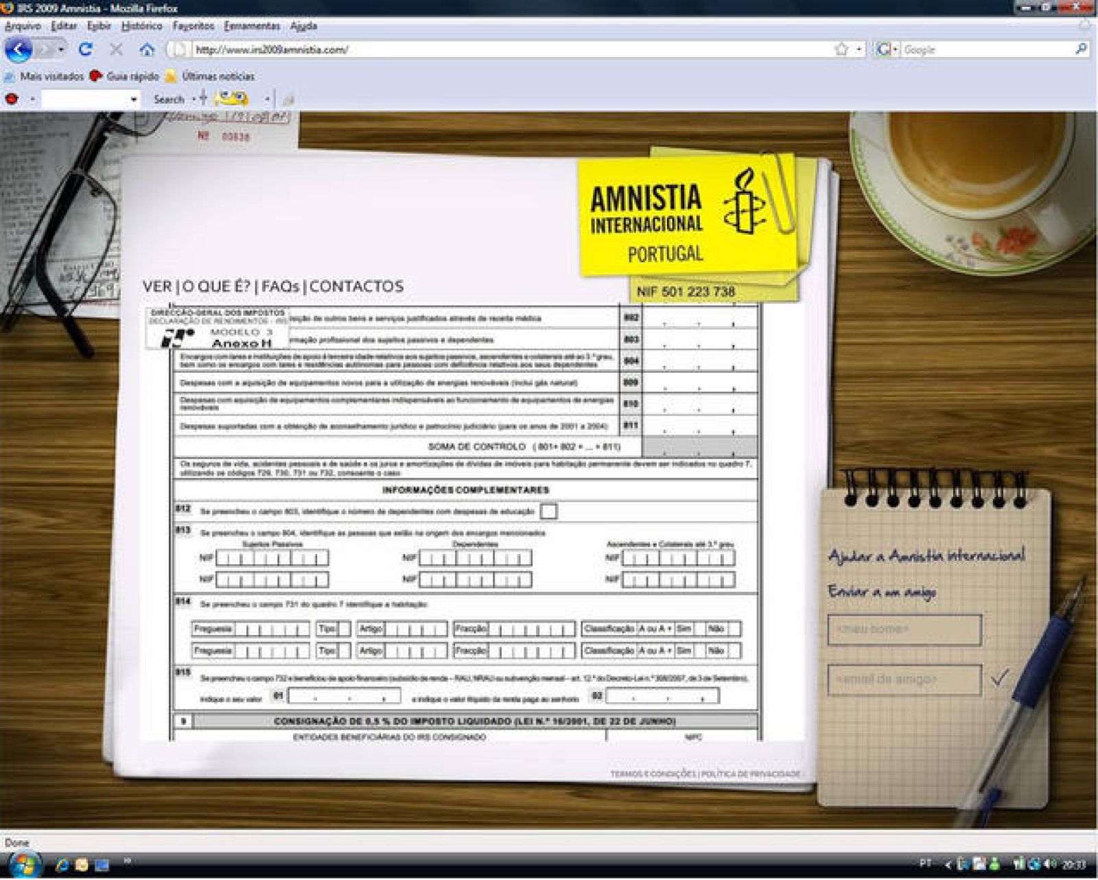 Formulario en papel de Amnistía Internacional Portugal.