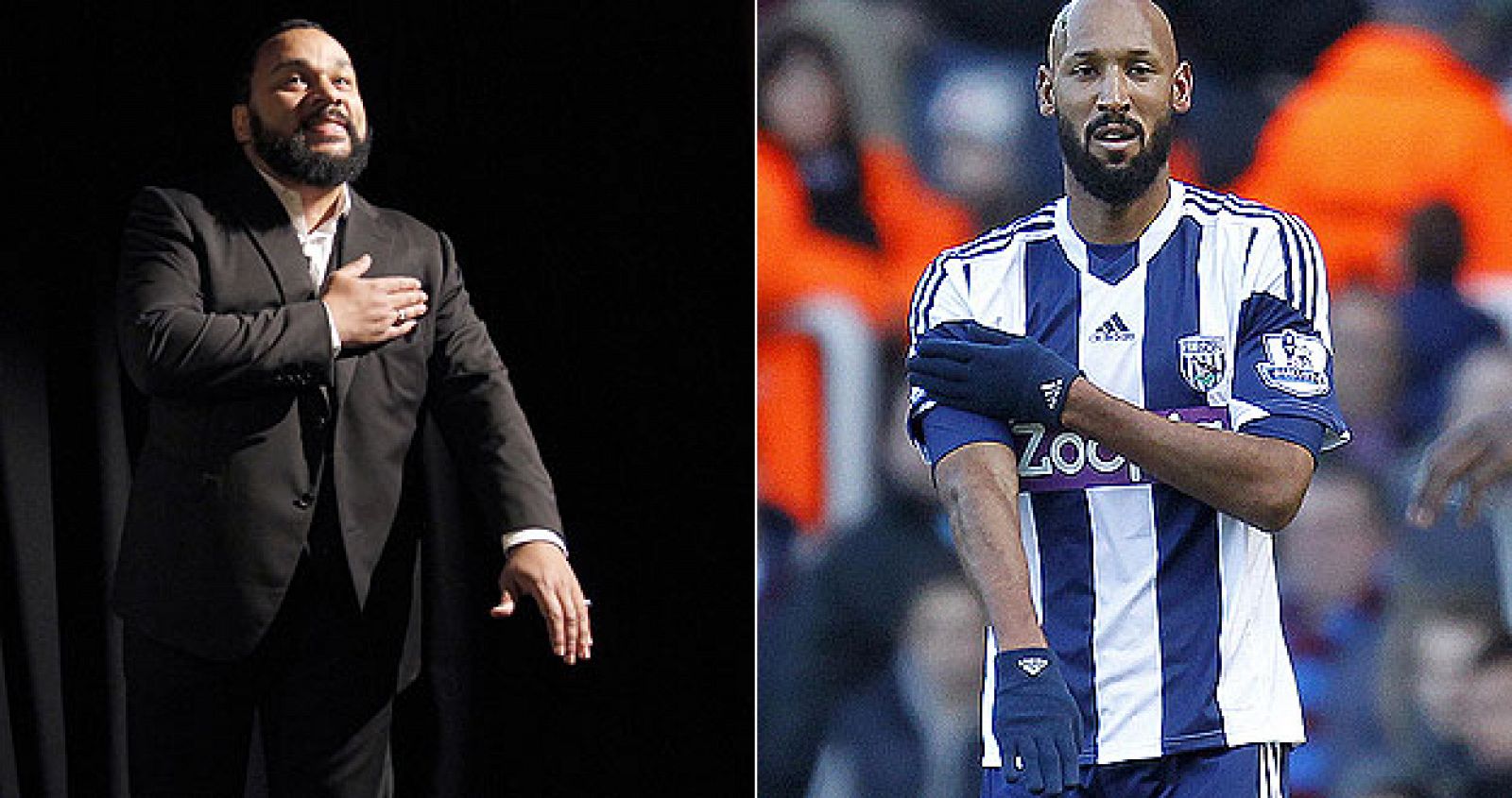 El cómico Dieudonné y el jugador de futbol West Bromwich Nicolás Anelka realizando el polémico gesto la "quenelle"