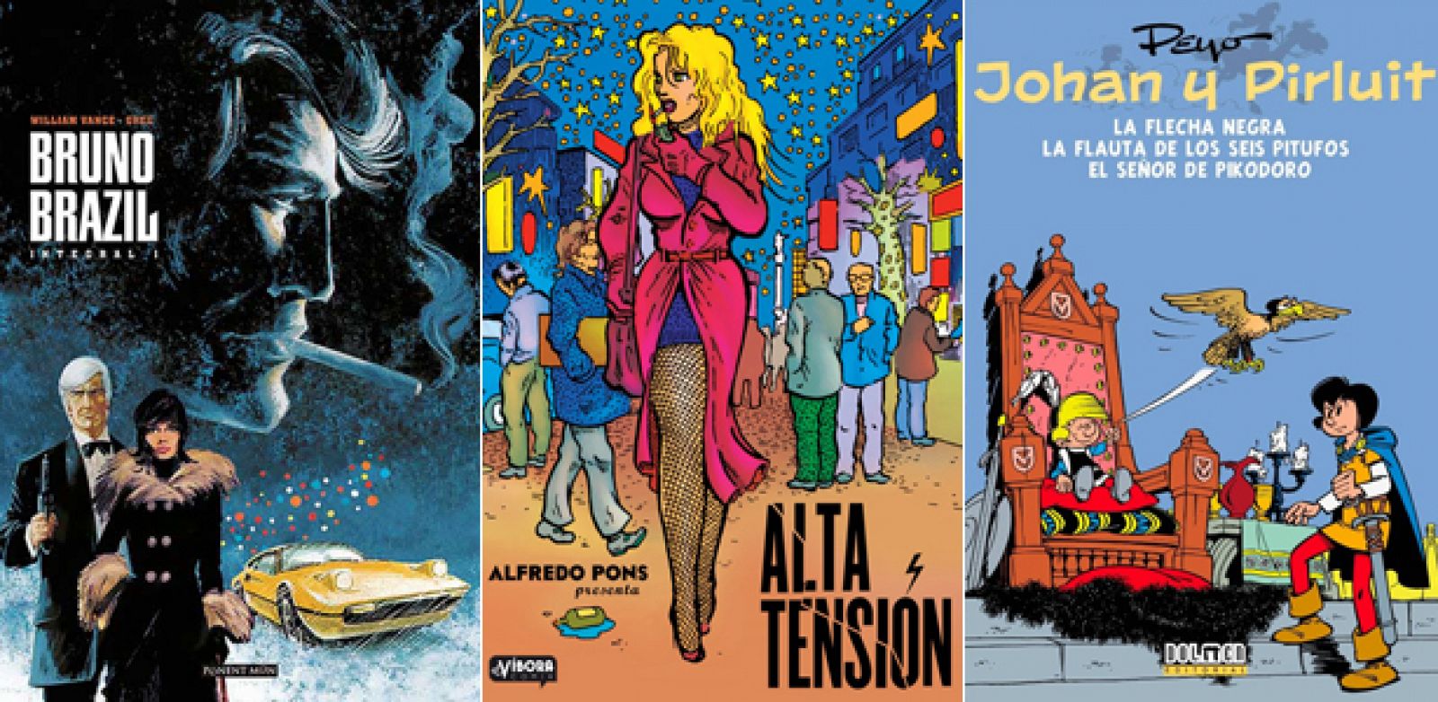 Portadas de 'Bruno Brazil', 'Alta tensión' y 'Johan y Pirluit'