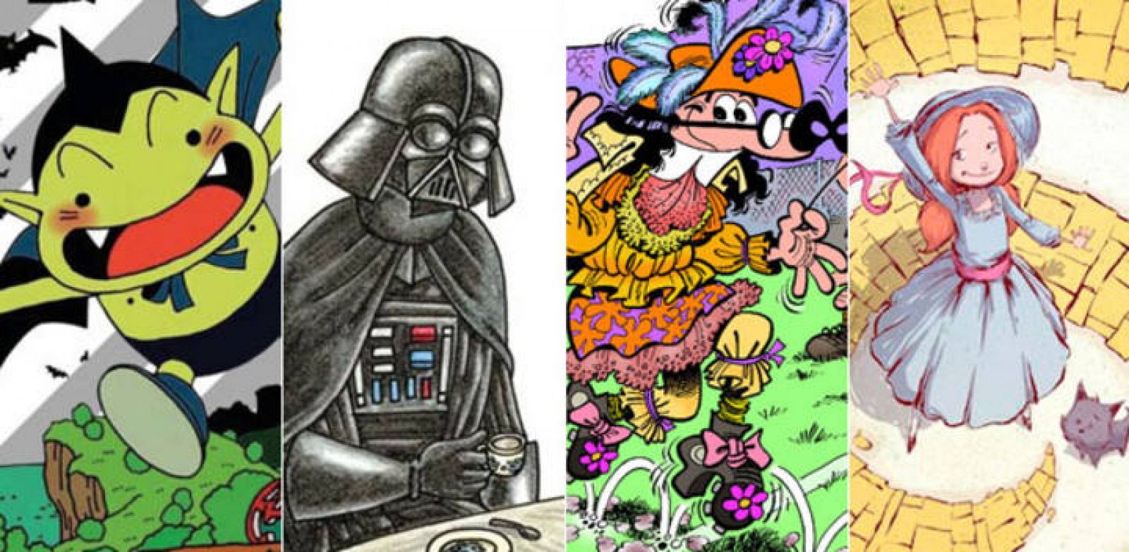 Fragmentos de ilustraciones de 'Cowa!' (Planeta DeAgostini), 'Darth Vader y su princesita' (Planeta DeAgostini), 'Mortadelo y Filemón: Mundial 2014' (Ediciones B) y 'Camino a Oz' (Panini) 