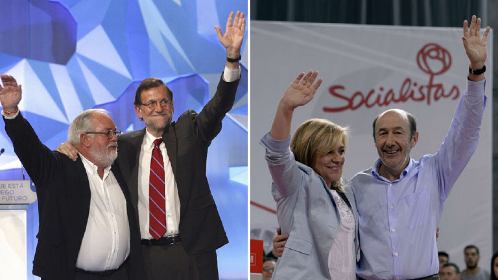 Cañete junto a Rajoy y Valenciano con Rubalcaba en el cierre de campaña