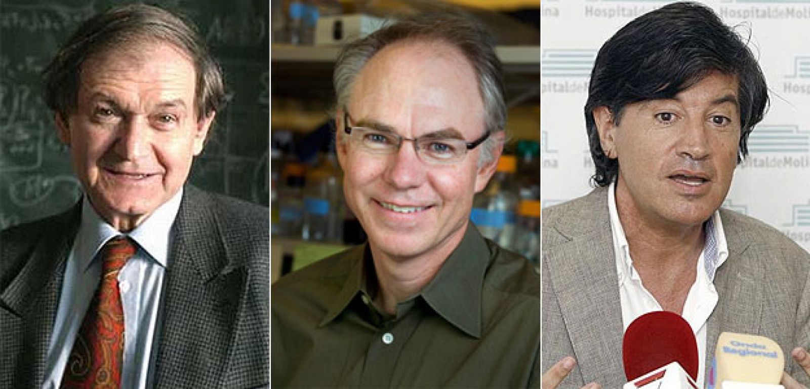 El físico matemático Roger Penrose, el oncólogo Charles L. Sawgers y el bioquímico español Carlos López Otín