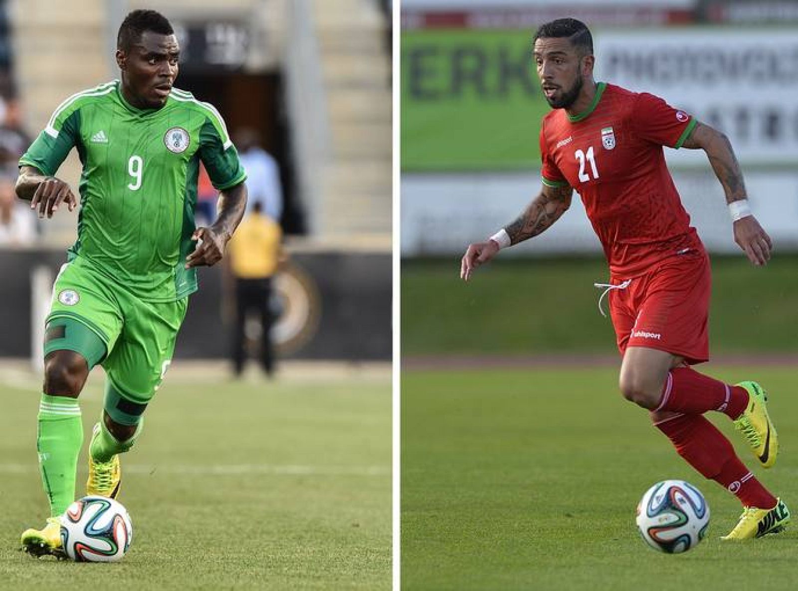 Imagen del nigeriano Emmanuel Emenike (i) y del iraní Ashkan Dejagah.