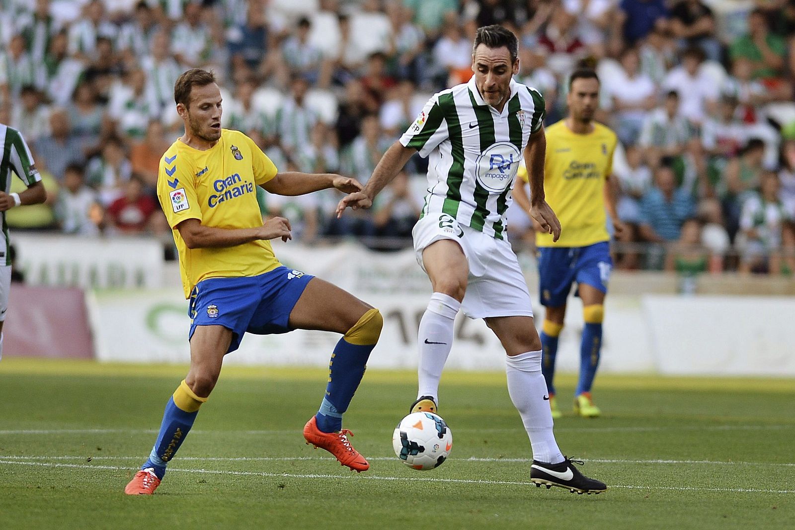 El jugador del Córdoba Abel (d) pelea un balón con Javi Castellano, de Las Palmas