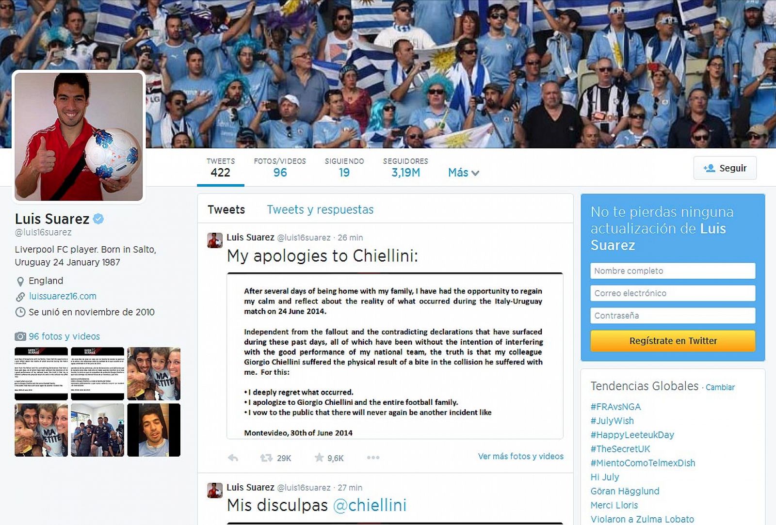 Imagen de la cuenta de Luis Suárez en la que se disculpa ante Chiellini.