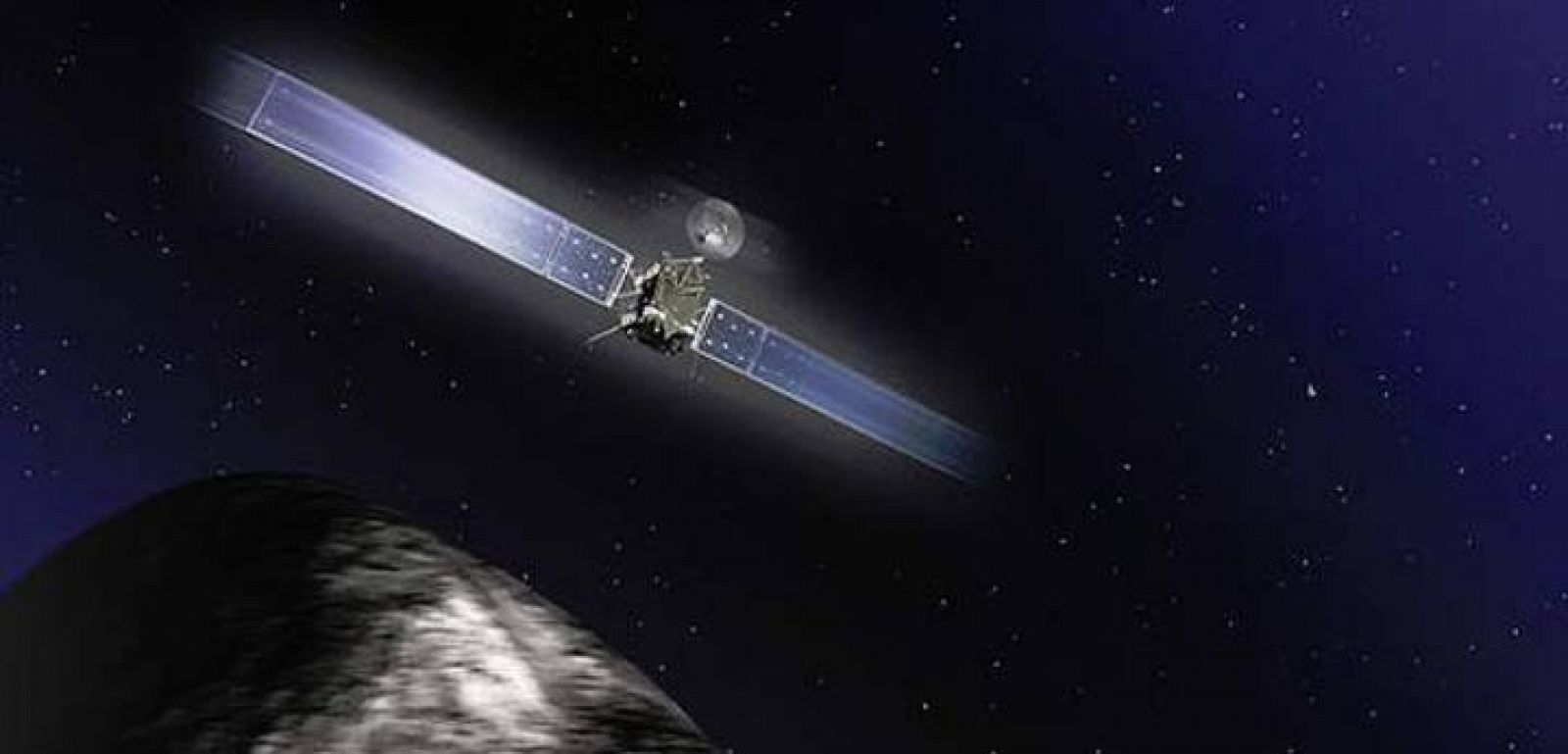 Recreación de la sonda Rosetta en su acercamiento al cometa 67P/Churyumov-Gerasimenko.