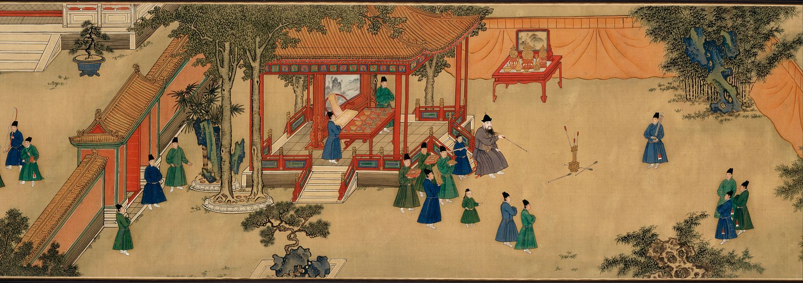 Detalle de "Juegos en el palacio imperial Xuande mostrando al emperador tirando al arco". Periodo Xuande, 1426-35