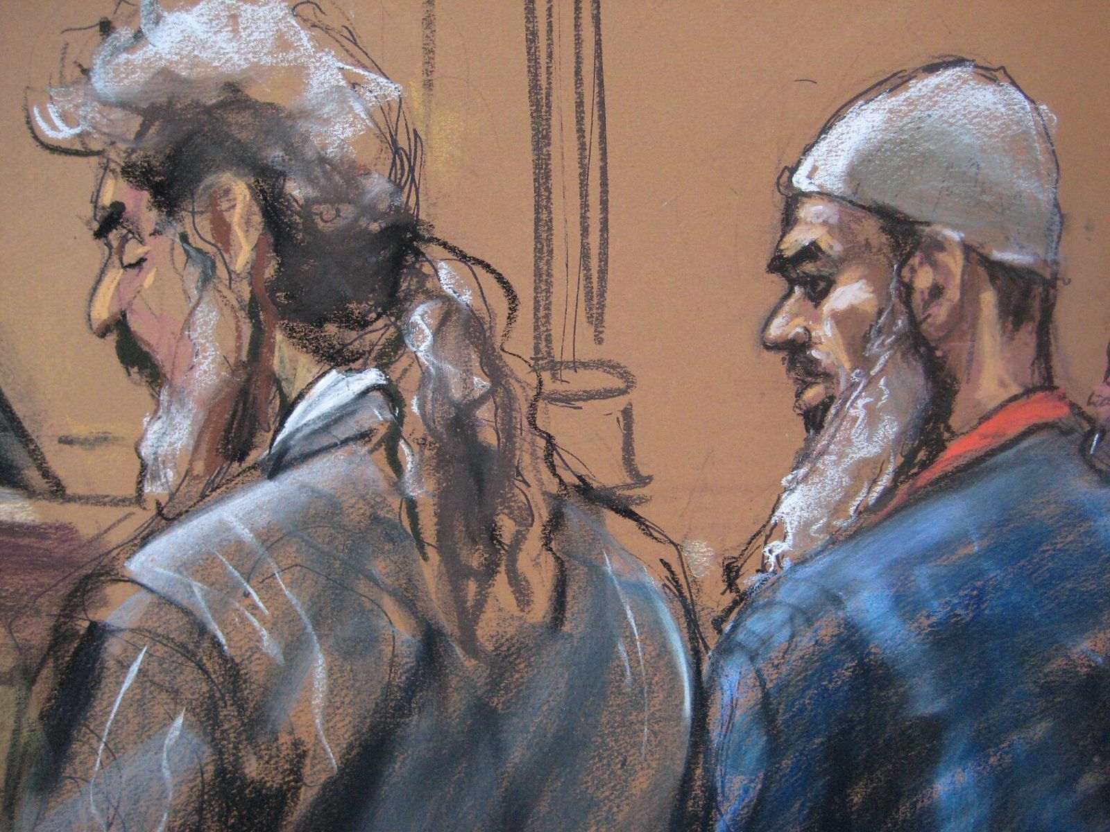 Courtroom sketch of Abu Ghaith, lawyer Cohen  in New York