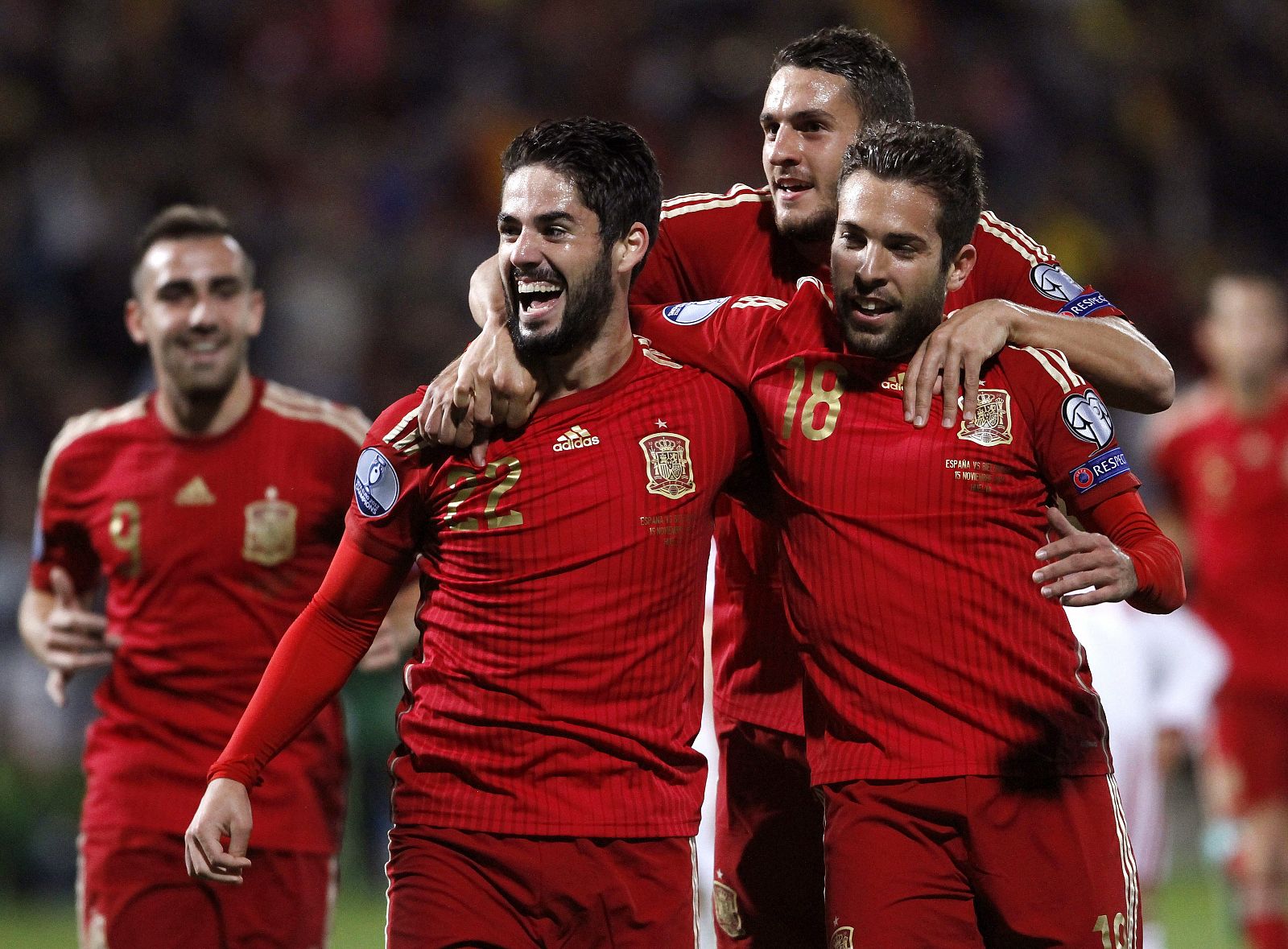 Los jugadores de la selección española, Isco, Koke y Jordi Alba, en el último encuentro ante Bielorrusia.