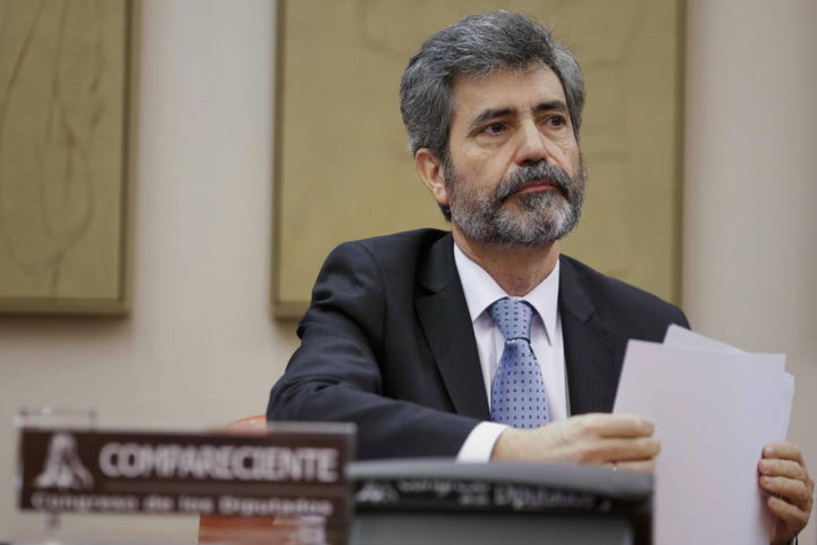 El presidente del TS y del CGPJ, Carlos Lesmes, durante una comparecencia este martes.