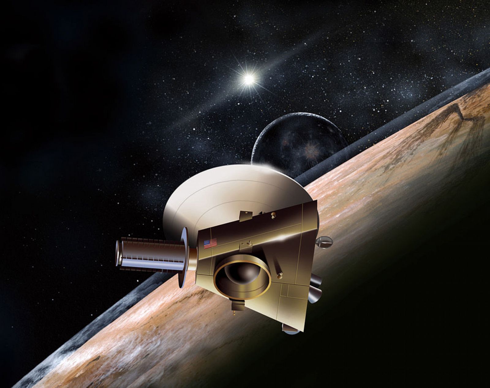 Representación artística de la New Horizons en las proximidades de Plutón.