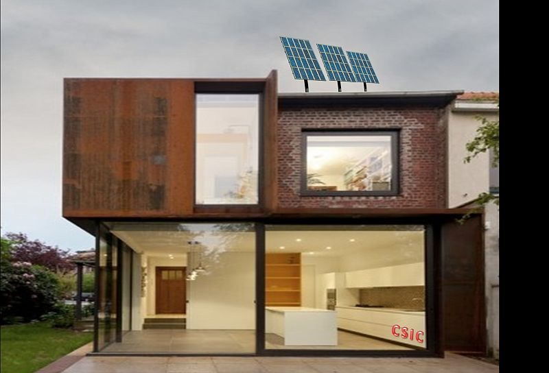 Ilustración de una casa con las ventanas inteligentes ideadas por el CSIC.
