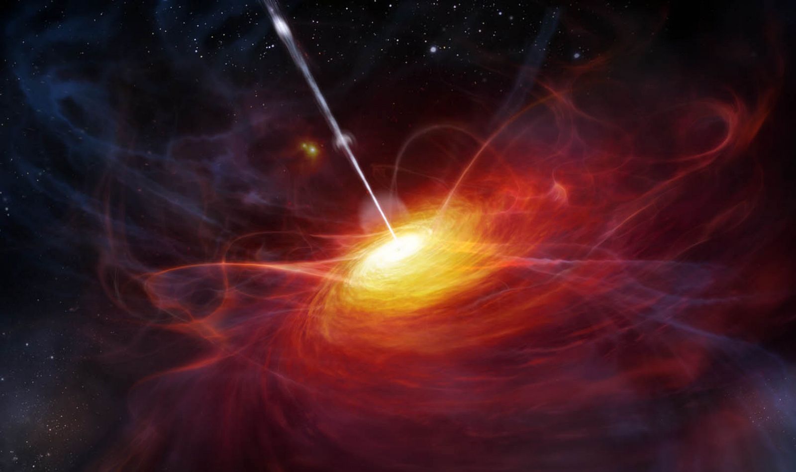 Ilustración de un cuásar como una región brillante y energética en torno a un agujero negro.