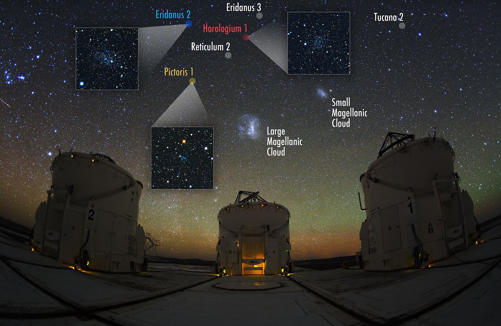 Seis de las nueve galaxias enanas encontradas en las Nubes de Magallanes.