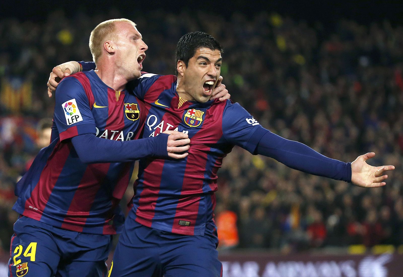 Mathieu y Suárez, goleadores del Barça en el 'Clásico'.