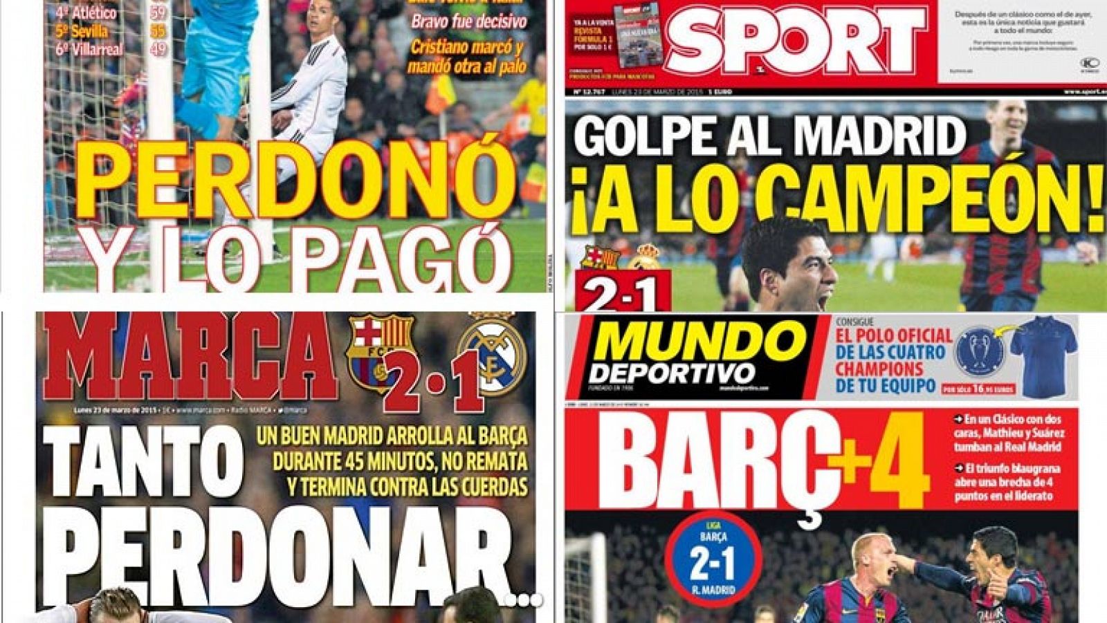 Las portadas de la prensa madrileña y catalana después del 'Clásico'.