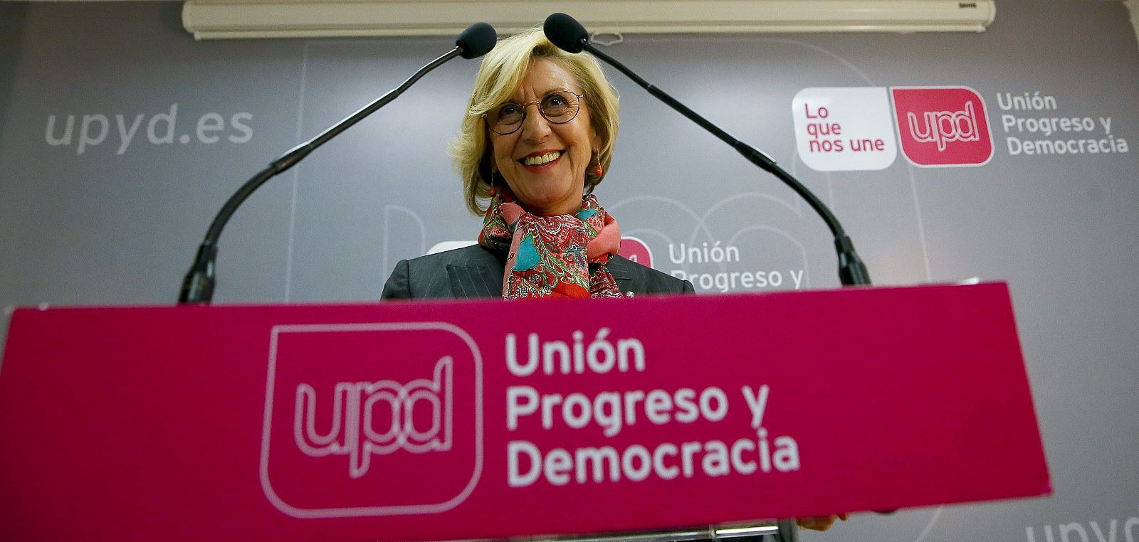 La líder de UPyD, Rosa Díez, en la rueda de prensa que ha ofrecido en la sede del partido en Madrid.