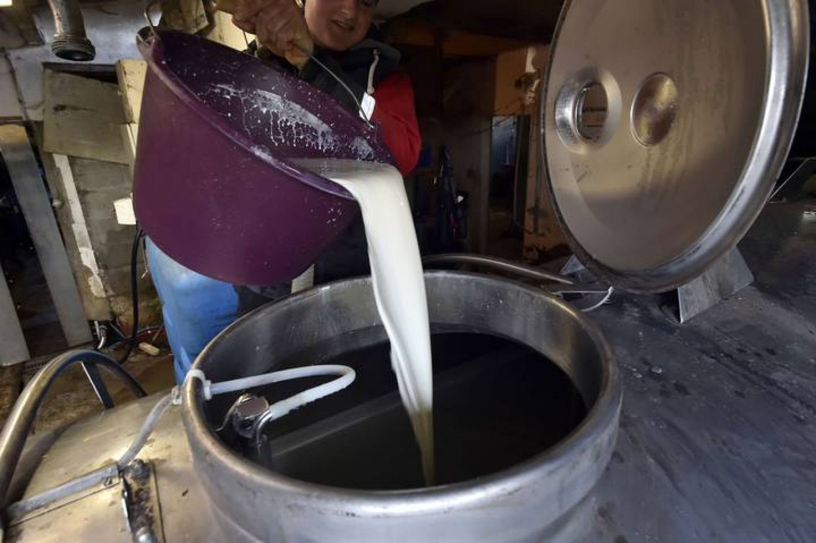 Una mujer rellena un depósito con leche recién ordeñada 