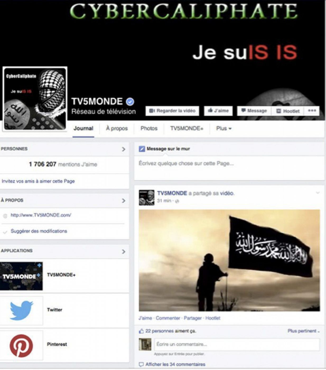 Imagen de la cuenta oficial en Facebook del canal internacional francés TV5 Monde, que ha sido pirateado a gran escala por hackers yihadistas supuestamente pertenecientes a la organización Estado Islámico (EI).