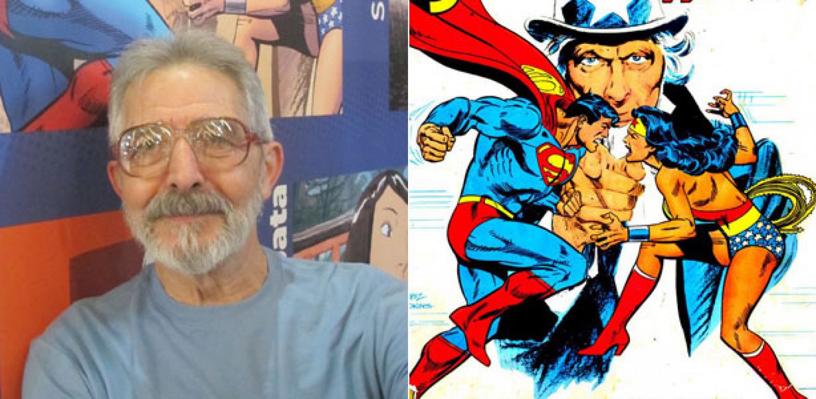 José Luis García López y unnfragmento de su famosa portada con Superman, Wonder Woman y el Tío Sam