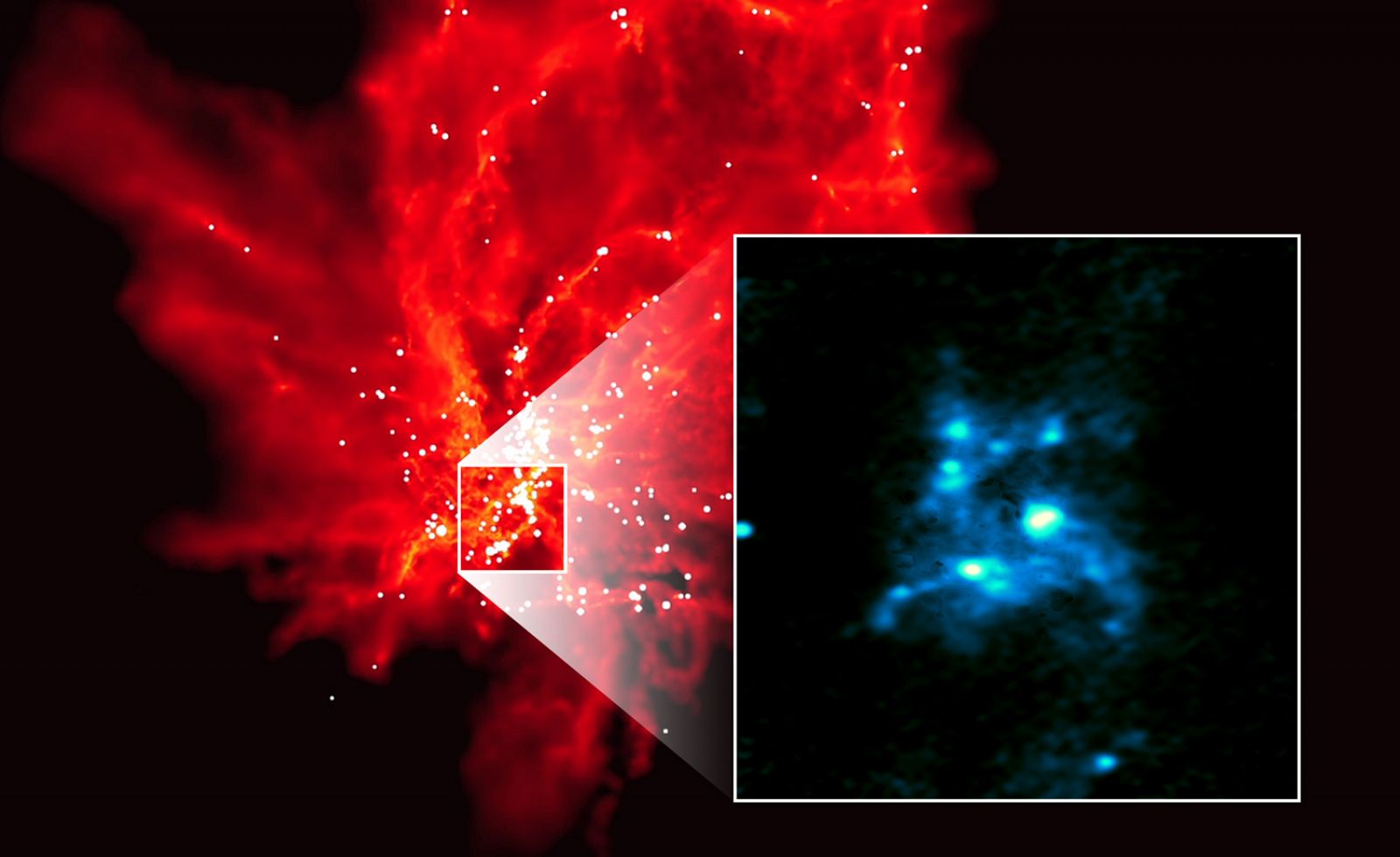 Vista de una nube molecular que genera cúmulos estelares masivos.