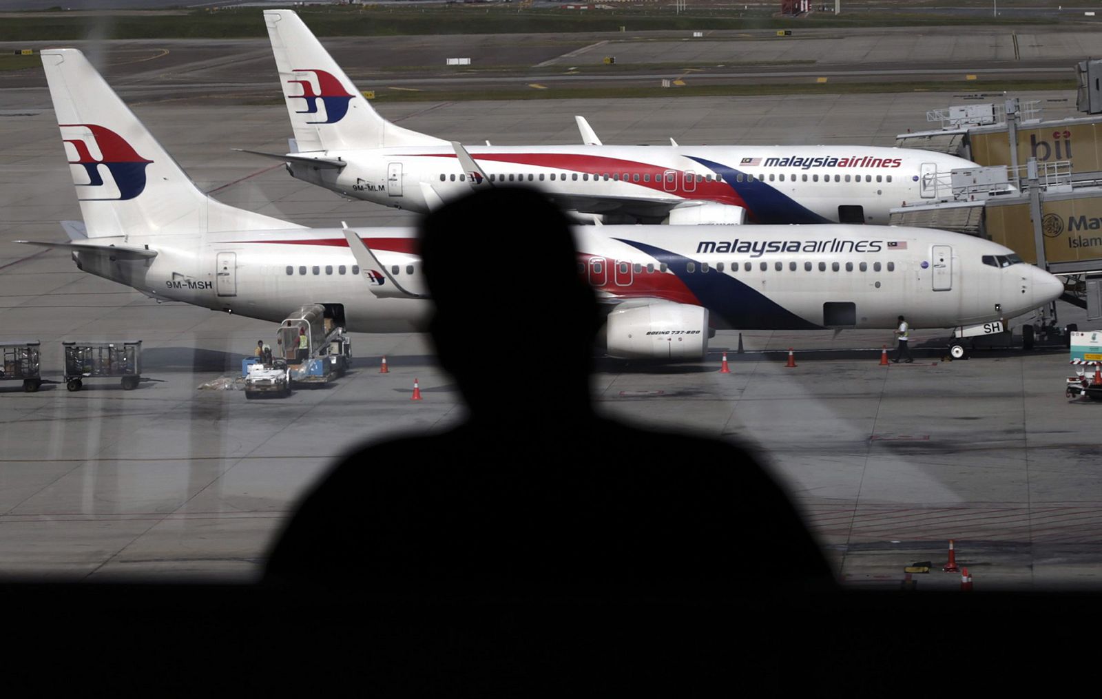 Un pasajeero observa los aviones de Malaysia Airlines en el aeropuerto de Kuala Lumpur