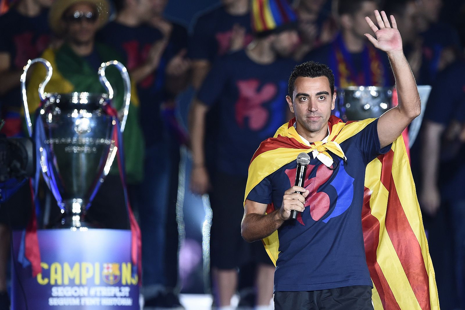 Xavi Hernández, en la fiesta de la Champions del Barcelona