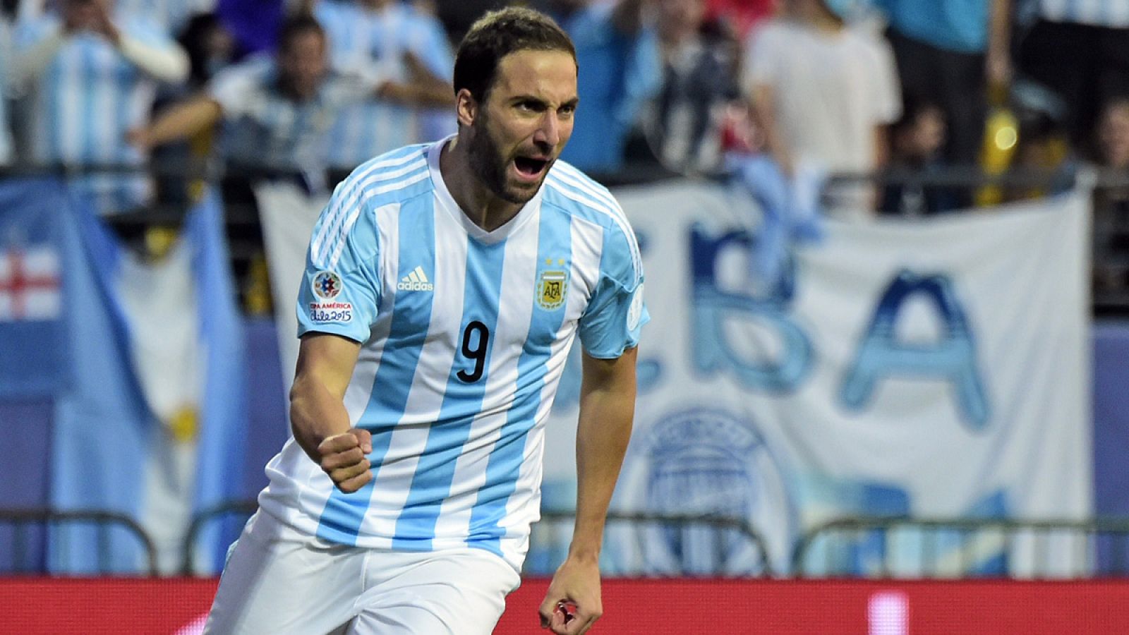 Gonzalo Higuaín celebra el gol que dió la victoria a la selección argentina ante Jamaica y que les permite pasar a cuartos de final de la Copa América líderes del grupo B.