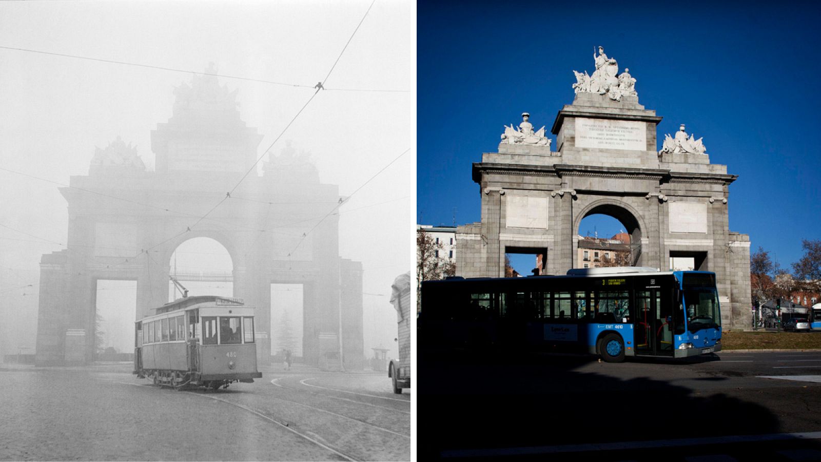 Tranvía que cubría la línea 32,Plaza Mayor-Legazpi en 1954 y foto actual de la misma zona (Madrid)