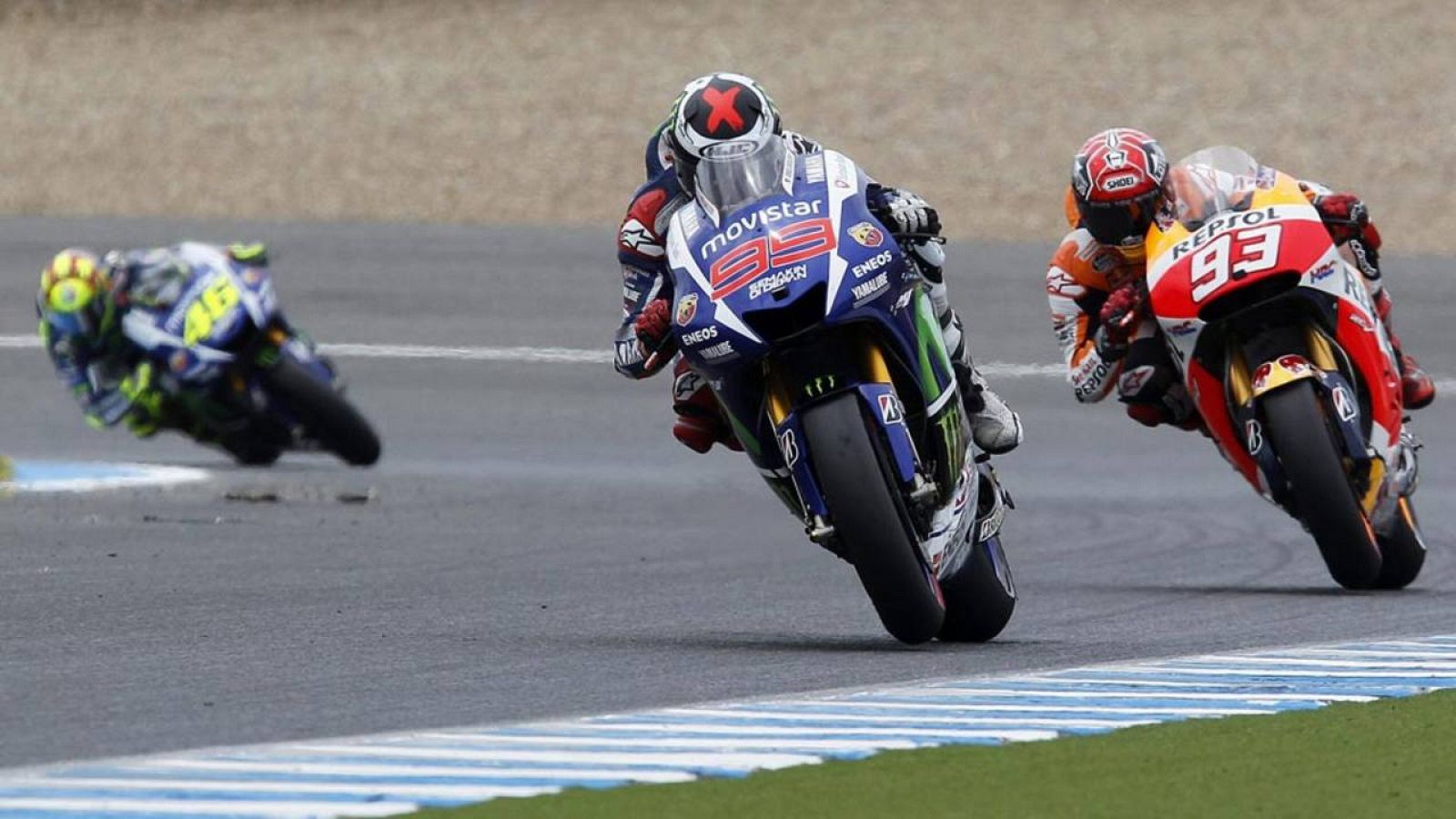 Lorenzo, Márquez y Rossi, durante la disputa del pasado GP de España