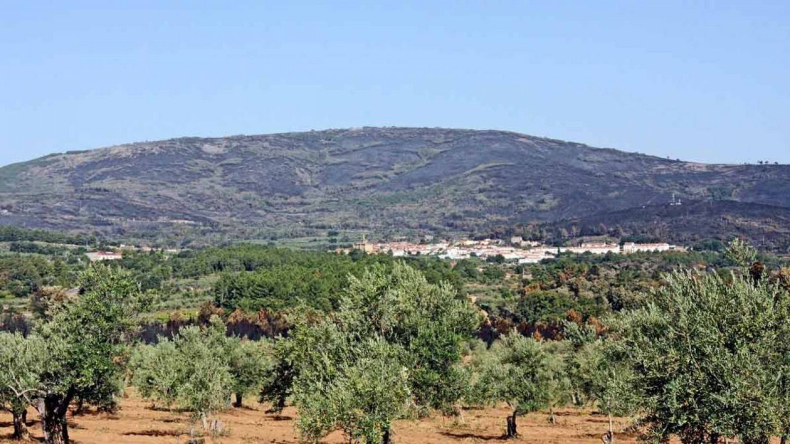 Vista del pueblo de Hoyos, en Cáceres, rodeado de zonas calcinadas por el incendio originado en la Sierra de Gata