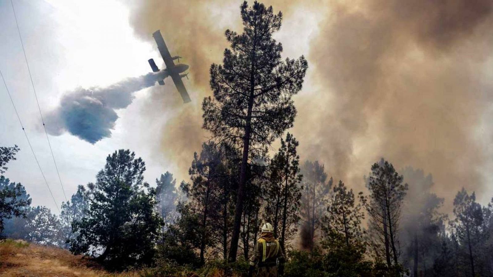 Un hidroavión realiza labores de extinción en el incendio forestal registrado en Ourense