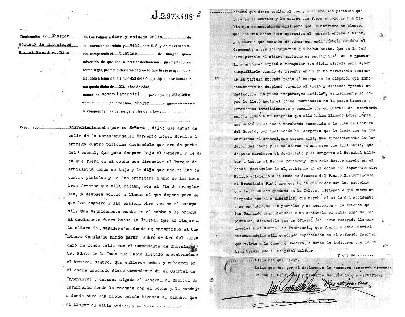 Combo de fotografías facilitadas por el historiador Moisés Domínguez, que muestran la primera y segunda página de la declaración judicial del único testigo de la muerte del general Amado Balmes.