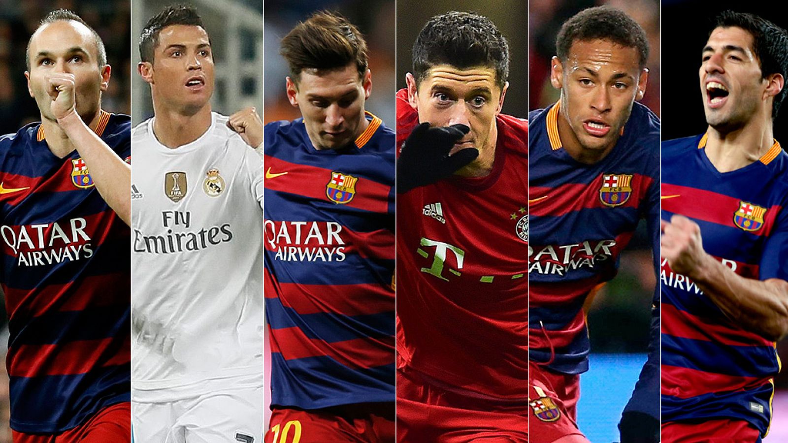 Iniesta, Cristiano, Messi, Lewandowski, Neymar y Suárez, candidatos al Balón de Oro.