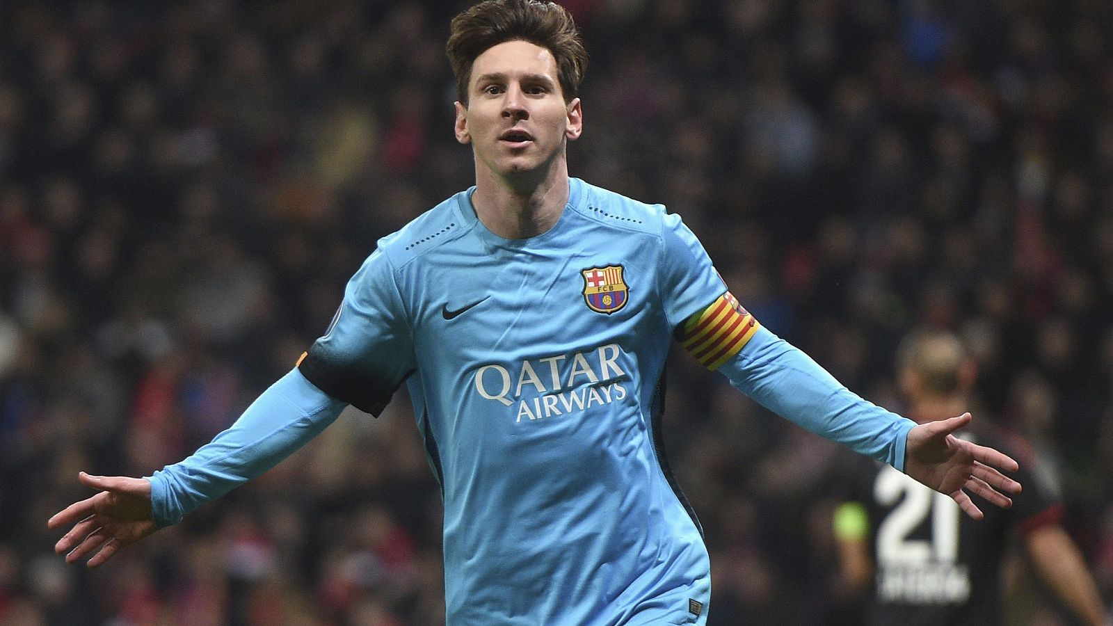 El delantero argentino del FC Barcelona, Lionel Messi, tras marcar al Bayer Leverkusen.