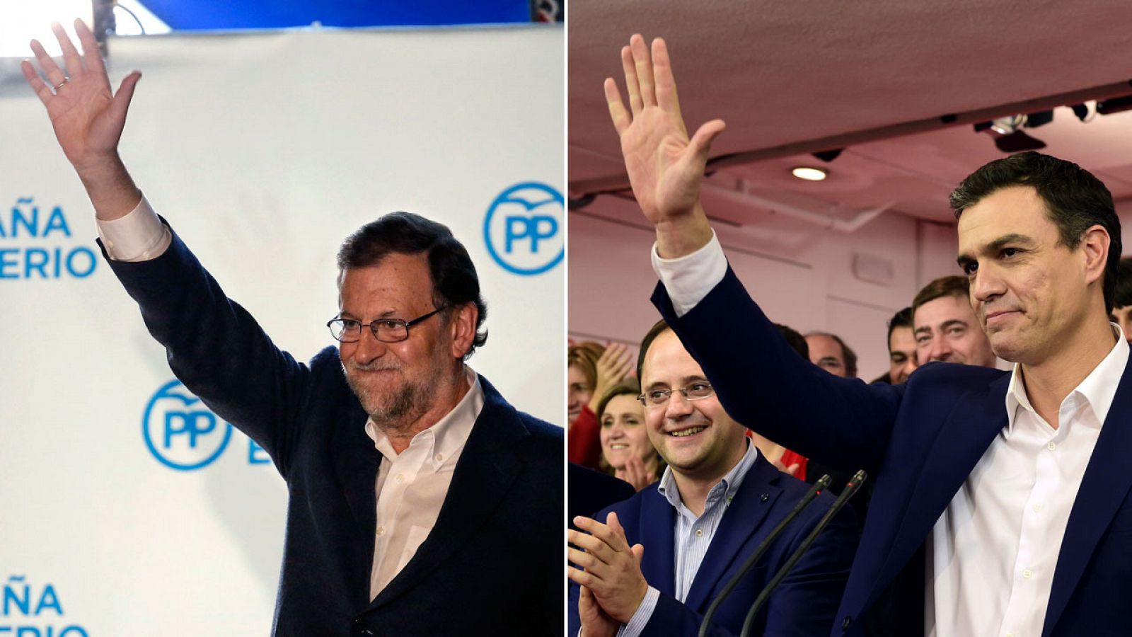 El candidato del PP, Mariano Rajoy, y el del PSOE, Pedro Sánchez, comparecen tras saberse los resultados