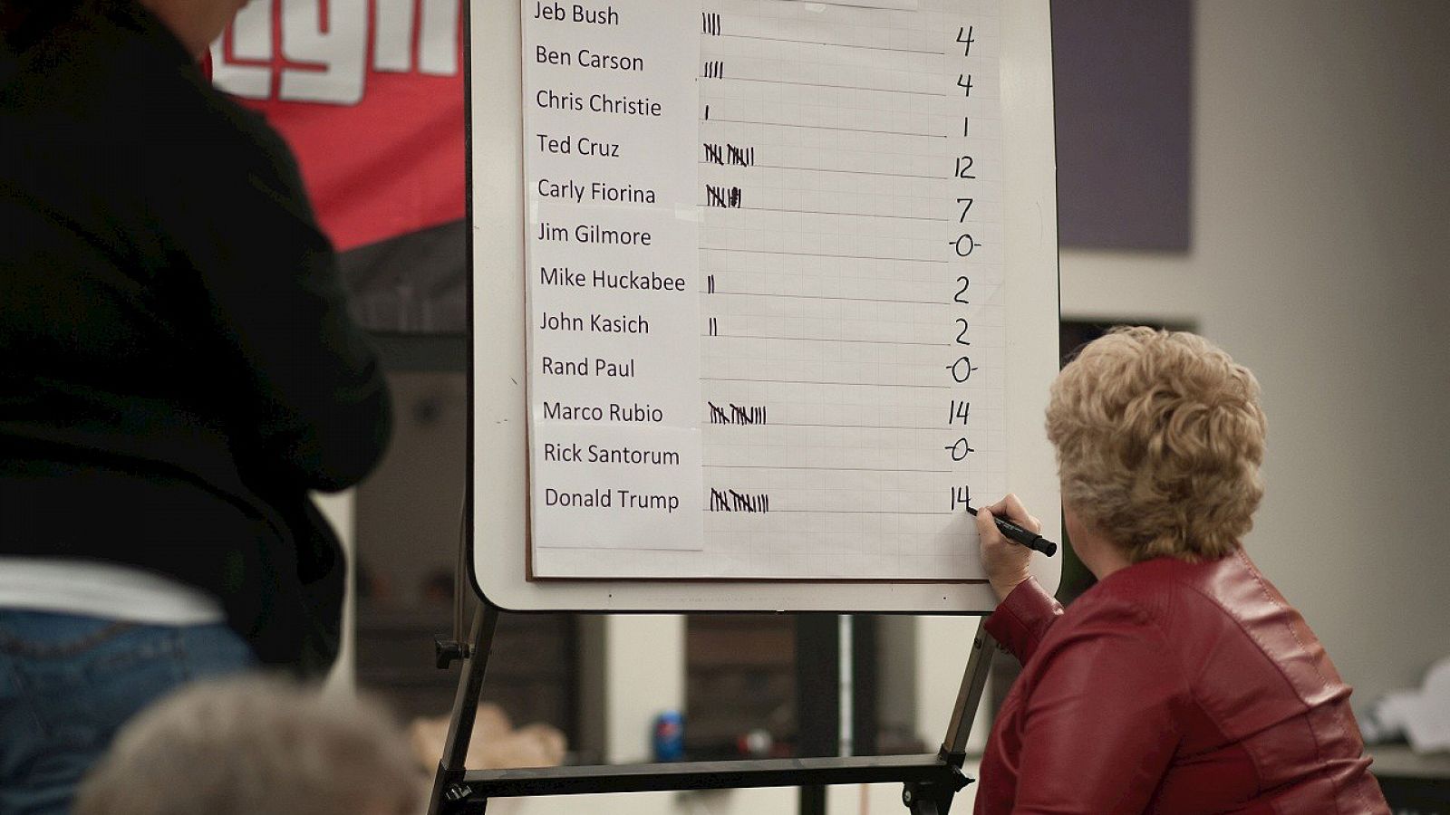 Una voluntaria lleva la cuenta de los votos en una asamblea del Partido Republicano en Iowa, el 1 de febrero de 2016. AFP / Michael B. Thomas