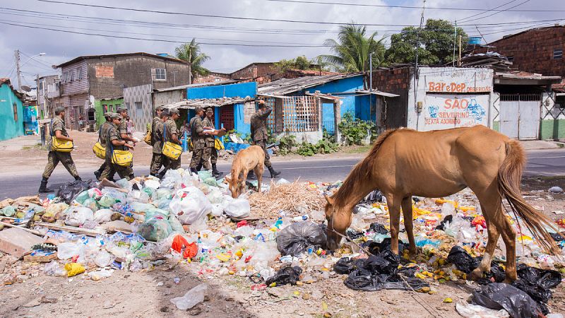 Miembros de las Fuerzas Armadas de Brasil y el Departamento de Salud del Medio Ambiente lleva a cabo visitas de control y prevención de la proliferación del mosquito Aedes aegypti en Recife