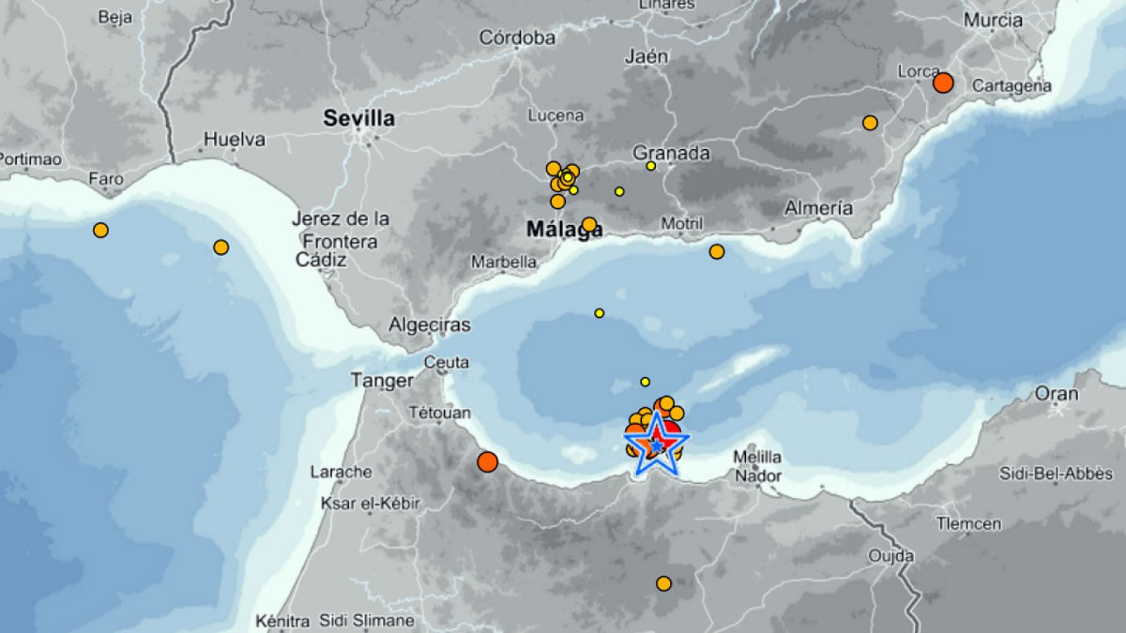 Situación en el mapa del terremoto de magnitud 4,5 en el sur del mar de Alborán que se ha sentido en Málaga este jueves 10 de marzo