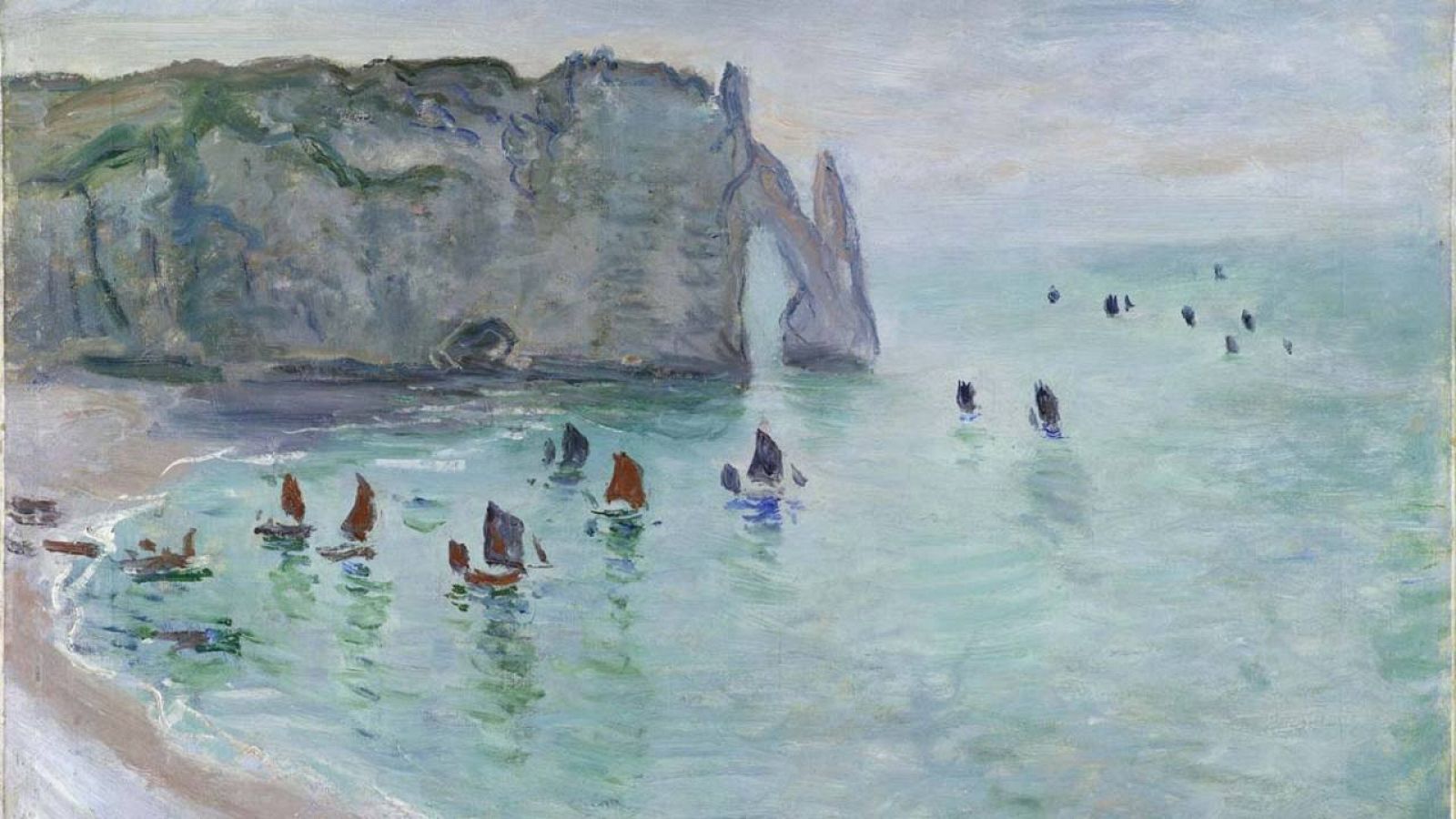 'Étretat. La porte d'Aval, bateaux de pêche sortant du port', (sobre 1885) Claude Monet. Musée des Beaux-Arts, Dijon.